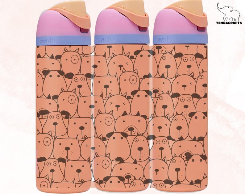 May include: Three reusable water bottles with a pink lid and a blue band. The bottles are covered in a pattern of orange dogs with black outlines.