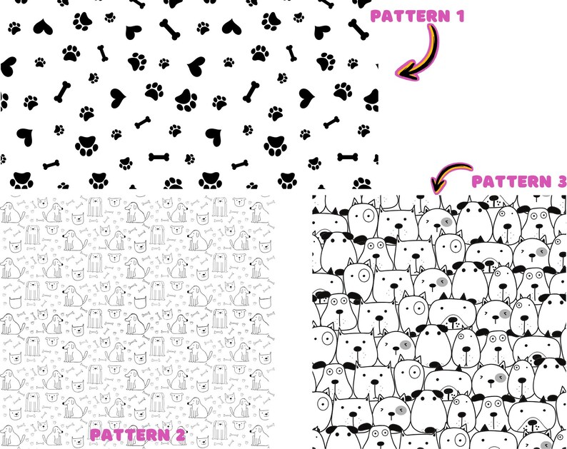 May include: Three black and white patterns. The first pattern is a repeating pattern of paw prints, hearts, and bones. The second pattern is a repeating pattern of dogs and bones. The third pattern is a repeating pattern of dogs with different facial expressions.