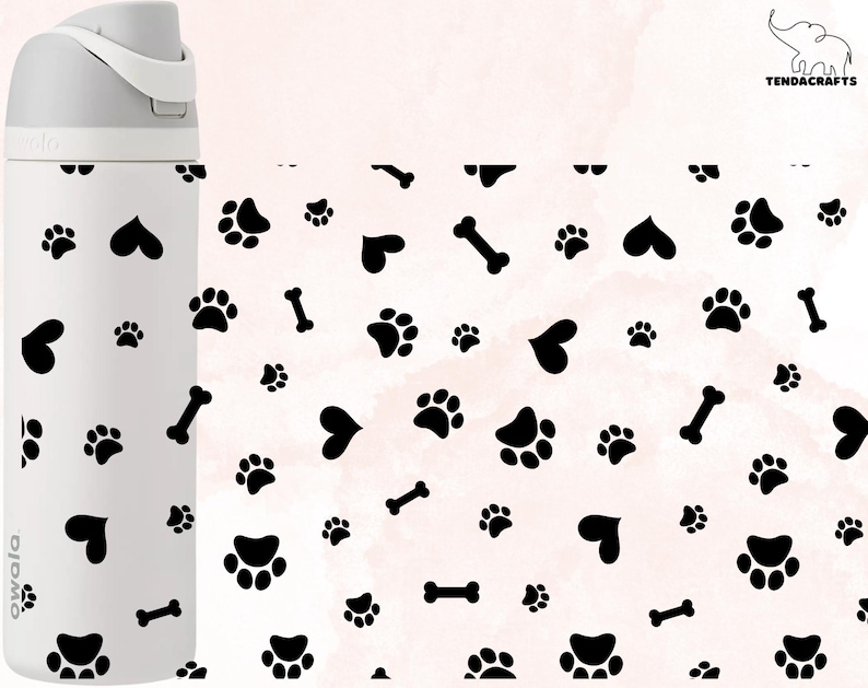 May include: White insulated water bottle with a black paw print, heart, and bone pattern. The bottle has a black lid and a black "owala" logo on the side.