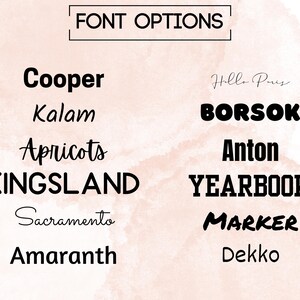May include: A list of font names in various styles, including Cooper, Kalam, Apricots, Kingsland, Sacramento, Amaranth, Hello Paris, Borsok, Anton, Yearbook, Marker, and Dekko.