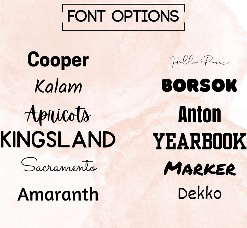 May include: A list of font names in various styles, including Cooper, Kalam, Apricots, Kingsland, Sacramento, Amaranth, Hello Paris, Borsok, Anton, Yearbook, Marker, and Dekko.