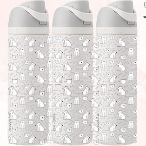May include: Three gray reusable water bottles with a white lid and a black and white pattern of dogs and bones. The bottles are all the same size and shape.