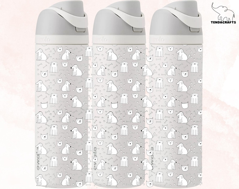 May include: Three gray reusable water bottles with a white lid and a black and white pattern of dogs and bones. The bottles are all the same size and shape.