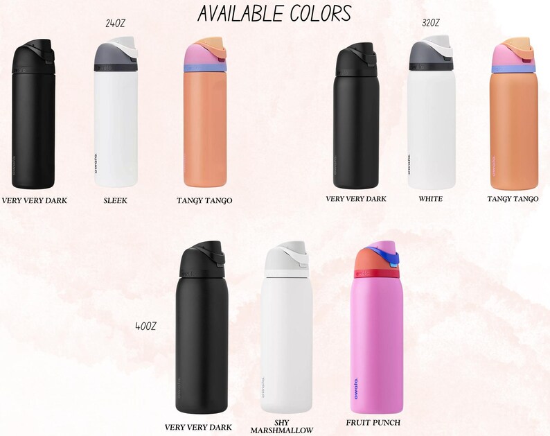 May include: A set of insulated water bottles in various colors and sizes, including 24 oz, 32 oz, and 40 oz. The colors include very very dark, sleek, tangy tango, white, shy, and fruit punch.