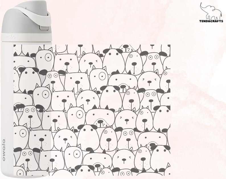 May include: White reusable water bottle with a black and white pattern of cartoon dogs on the side. The bottle has the word "owala" printed on the side.
