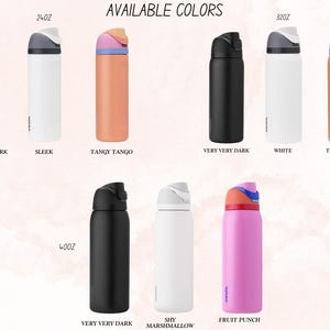 May include: A set of insulated water bottles in various colors and sizes, including 24 oz, 32 oz, and 40 oz. The colors include very very dark, sleek, tangy tango, white, shy, and fruit punch.