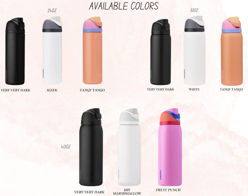 May include: A set of insulated water bottles in various colors and sizes, including 24 oz, 32 oz, and 40 oz. The colors include very very dark, sleek, tangy tango, white, shy, and fruit punch.