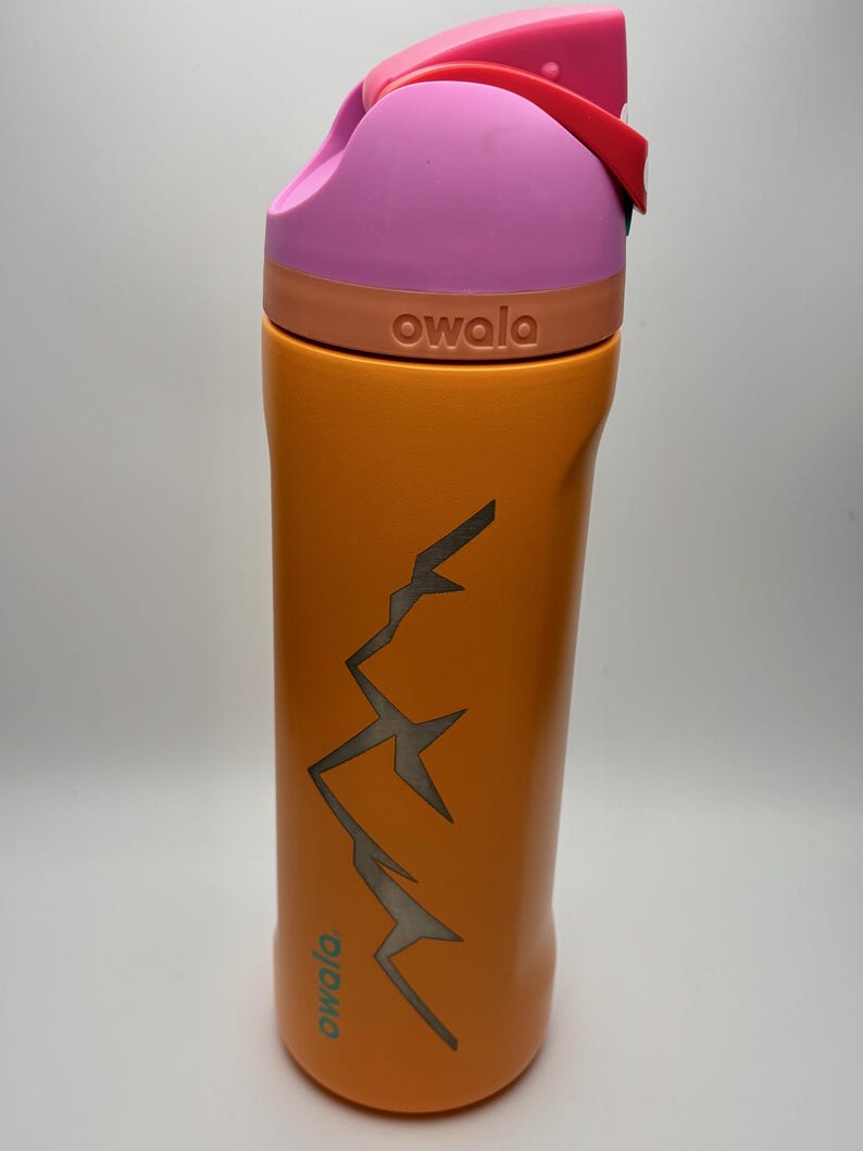 May include: Orange stainless steel water bottle with a pink lid and a mountain design. The bottle has the word "owala" printed on it.