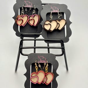 Heart Earrings - Dangle Heart Earrings - Hand-Painted Heart Earrings - Valentine Heart Earrings - Hand-Painted Two-Layer Wood Heart Earrings