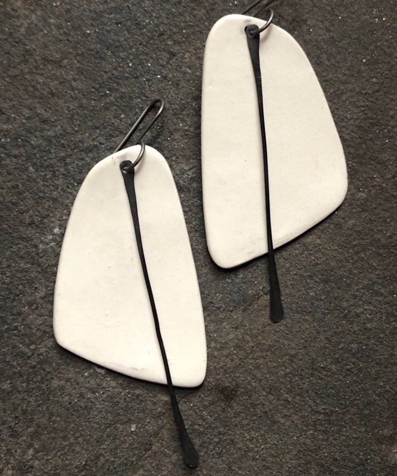 Handmade Ceramic White Sail-Shaped Statement Earrings with Black Metal Tassel Lightweight Big Hypoallergenic Titanium Ear Wires image 2