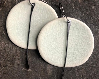 Handmade Hypoallergenic Lightweight Ceramic Statement Earrings - Elegant Large Circles in Celadon Green w/Black Tassel - Unique Gift for Her