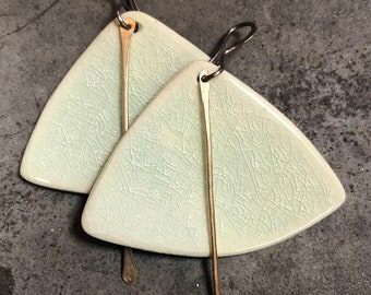 Handmade Hypoallergenic Lightweight Ceramic Statement Earrings - Elegant Fan-Shape Celadon w/ Gold-Colored Tassel Unique Gift for Women