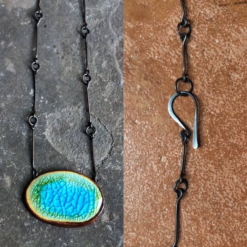 Unique Original Ceramic Pendant Necklace & Handmade Chain Caribbean Blue Gift for Women image 1