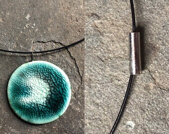 Handmade Lightweight Comfortable Pendant Ceramic Cable Necklace with Magnetic Clasp in Black & Celadon Green Unique Gift for Women
