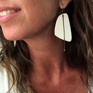 Handmade Ceramic White Sail-Shaped Statement Earrings with Black Metal Tassel Lightweight Big Hypoallergenic Titanium Ear Wires image 1