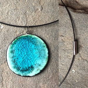 Handmade Lightweight Comfortable Ceramic Pendant Cable Necklace with Magnetic Clasp in Caribbean Turquoise Aqua Blue Bronze Green image 4
