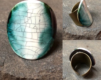 Handmade Adjustable Lightweight Comfortable Ceramic Round Curved Statement Cocktail Ring in Black & Celadon Green Teal Crackle Unique Gift