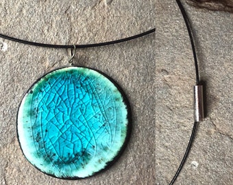 Handmade Lightweight Comfortable Ceramic Pendant Cable Necklace with Magnetic Clasp in Black & Teal