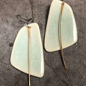 Handmade Ceramic White Sail-Shaped Statement Earrings with Black Metal Tassel Lightweight Big Hypoallergenic Titanium Ear Wires image 5