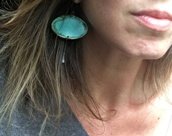 Horizontal Oval Earrings in Black and Turquoise, Big Earrings, Lightweight for Sensitive Ears, Unique gift for Mother's Day