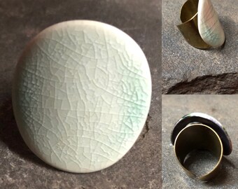 Handmade Adjustable Circle Curved Ceramic Lightweight Statement Cocktail Band Ring in Celadon Green Crackle One of a Kind Gift for Women