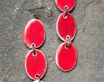 Handmade Hypoallergenic Lightweight Ceramic Statement Earrings - Dangly Long Three-Tier Earrings in Deep Red - Unique Gift for Women