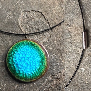 Handmade Lightweight Comfortable Ceramic Pendant Cable Necklace with Magnetic Clasp in Caribbean Turquoise Aqua Blue Bronze Green image 1