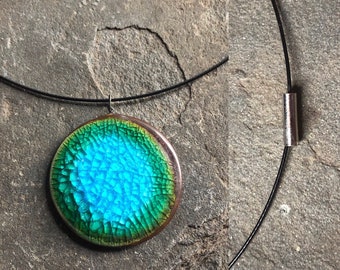 Handmade Lightweight Comfortable Ceramic Pendant Cable Necklace with Magnetic Clasp in Caribbean Turquoise Aqua Blue Bronze Green