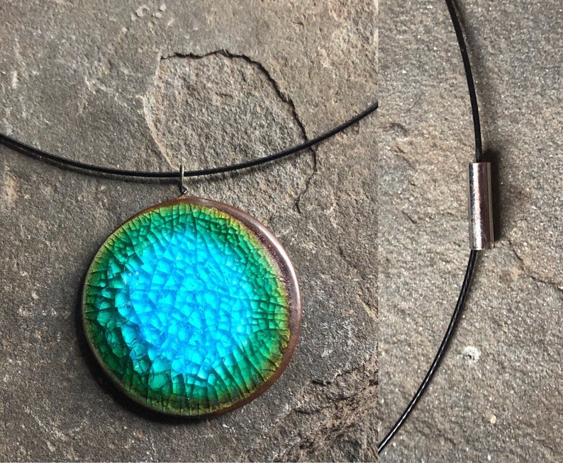 Handmade Lightweight Comfortable Ceramic Pendant Cable Necklace with Magnetic Clasp in Caribbean Turquoise Aqua Blue Bronze Green image 1