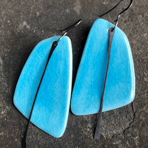 Handmade Ceramic White Sail-Shaped Statement Earrings with Black Metal Tassel Lightweight Big Hypoallergenic Titanium Ear Wires image 3