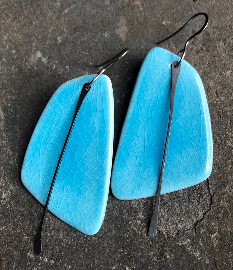 Handmade Ceramic White Sail-Shaped Statement Earrings with Black Metal Tassel Lightweight Big Hypoallergenic Titanium Ear Wires image 3