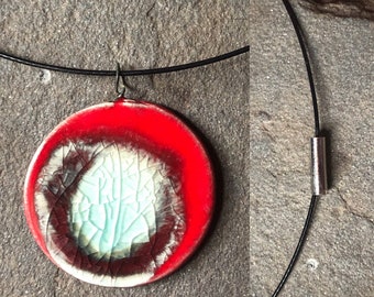 Handmade Ceramic Circle Cable Necklace Magnetic Clasp, Lightweight, Bold Statement Necklace, Red & Celadon Green Aqua Blue Special Occasion