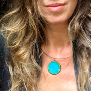 Handmade Lightweight Comfortable Ceramic Pendant Cable Necklace with Magnetic Clasp in Caribbean Turquoise Aqua Blue Bronze Green image 2
