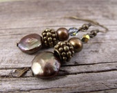 Bronze Pearl Earrings. Bronze Coin Pearl Earrings. Pearl Earrings. Champagne Pearl Earrings. Beige Pearl Earrings. Antiqued Brass Pearls.