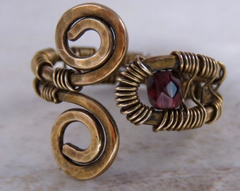 Hammered Brass Garnet Ring, Ancient Replica Ring, Celtic Ring, Viking Ring