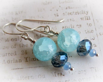 Sterling Silver Blue Sky Earrings, Crackle glass with smokey grey crystals on hand made sterling silver wire earrings