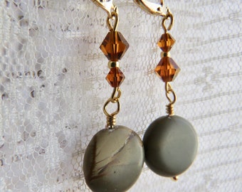 Green Jasper Stone Earrings in 18K Gold Plate, gold and green earrings amber crystals, gold plated earrings