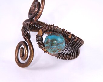 Copper Turquoise Ring, wire wrapped, size 7, pass through band, hammered copper Viking or Celtic replica