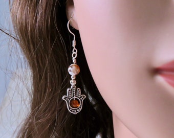 Silver Hamsa Earrings with Honeyed Agate Healers Hand Earrings, Healing Hands, Good Luck charm earrings Jewish Earrings