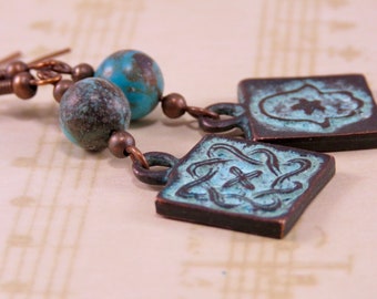 Copper Blue Green Patina Earrings, Celtic Earrings, Fatima Earrings, Turquoise Earrings, Verdis Patina Jewelry, Hamsa Earrings,