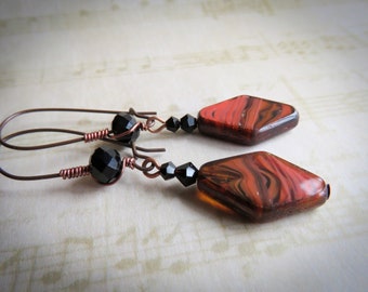 Red and Black Gothic Swirl Earrings, Art Glass Earrings, Boho Style, Handcrafted Jewelry, Wirewrapped Jewelry, Copper