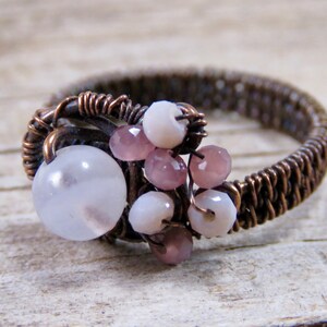 Copper Ring with Pink Rose Quartz Stone Wire Wrapped Cocktail Ring Size 7 Ring Womans Ring
