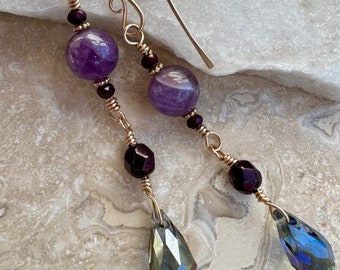 Amethyst Long Dangle Earrings- Bronze Earrings- Gold Earrings- February Birthstone Earrings- Wire Earrings- Amethyst Drop Earrings-Bohemian