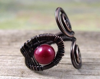 Copper Ring with Cherry Red Pearl