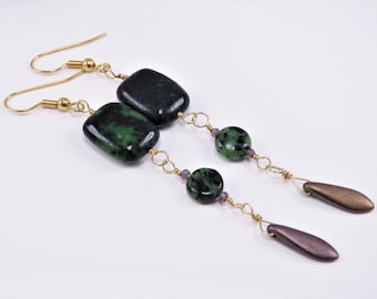 Green Jasper and Ruby in Zoisite Dangle Earrings with 18 Carrot Gold Plated Ear wires