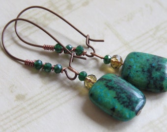 Green Jasper Stone Earrings on Antiqued Copper Kidney Wires with Emerald Green Crystals