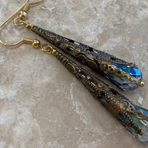 Gold Plate Victorian Filigree Earrings, with Aquamarine Colored Crystal in Antiqued Gold image 6