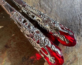 Victorian-Inspired Crimson Earrings with Ornate Filigree