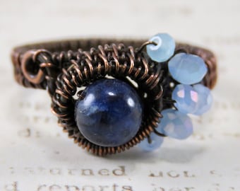 Copper Ring, Wire Wrapped, with Blue Sodalite Stone, Antiqued ring