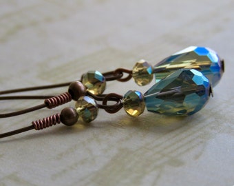 Crystal Blue Drops on Copper Earrings